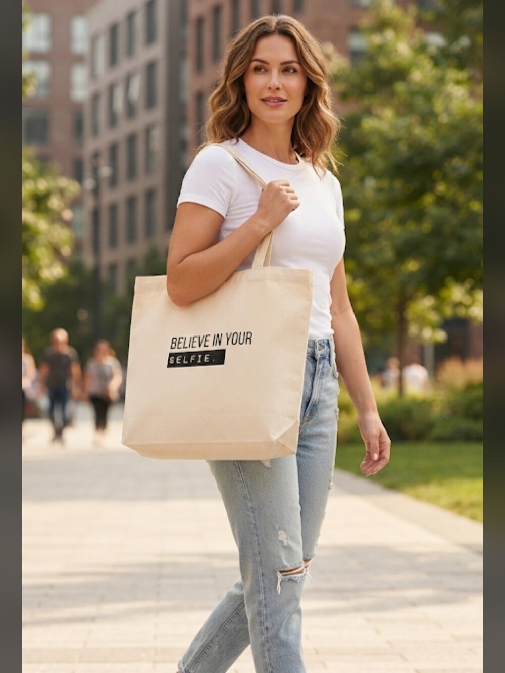 " Believe In Your Selfie"  Natural/Beige Canvas Statement Tote Bag NWOT